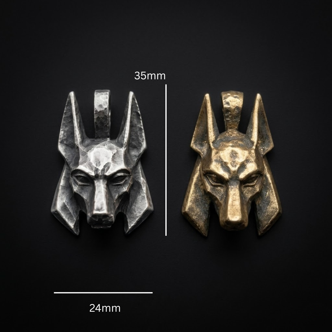 Anubis jackal head pendant shown with measurements, hand poured in Vermont in .999 fine silver or bronze