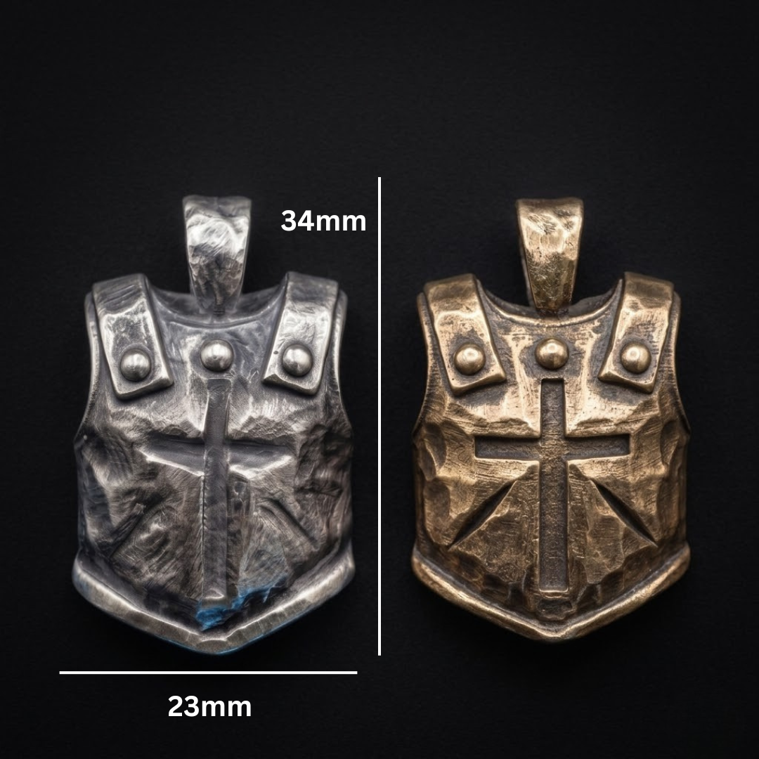 The Breastplate pendant shown with measurements, hand poured in Vermont in .999 fine silver or bronze