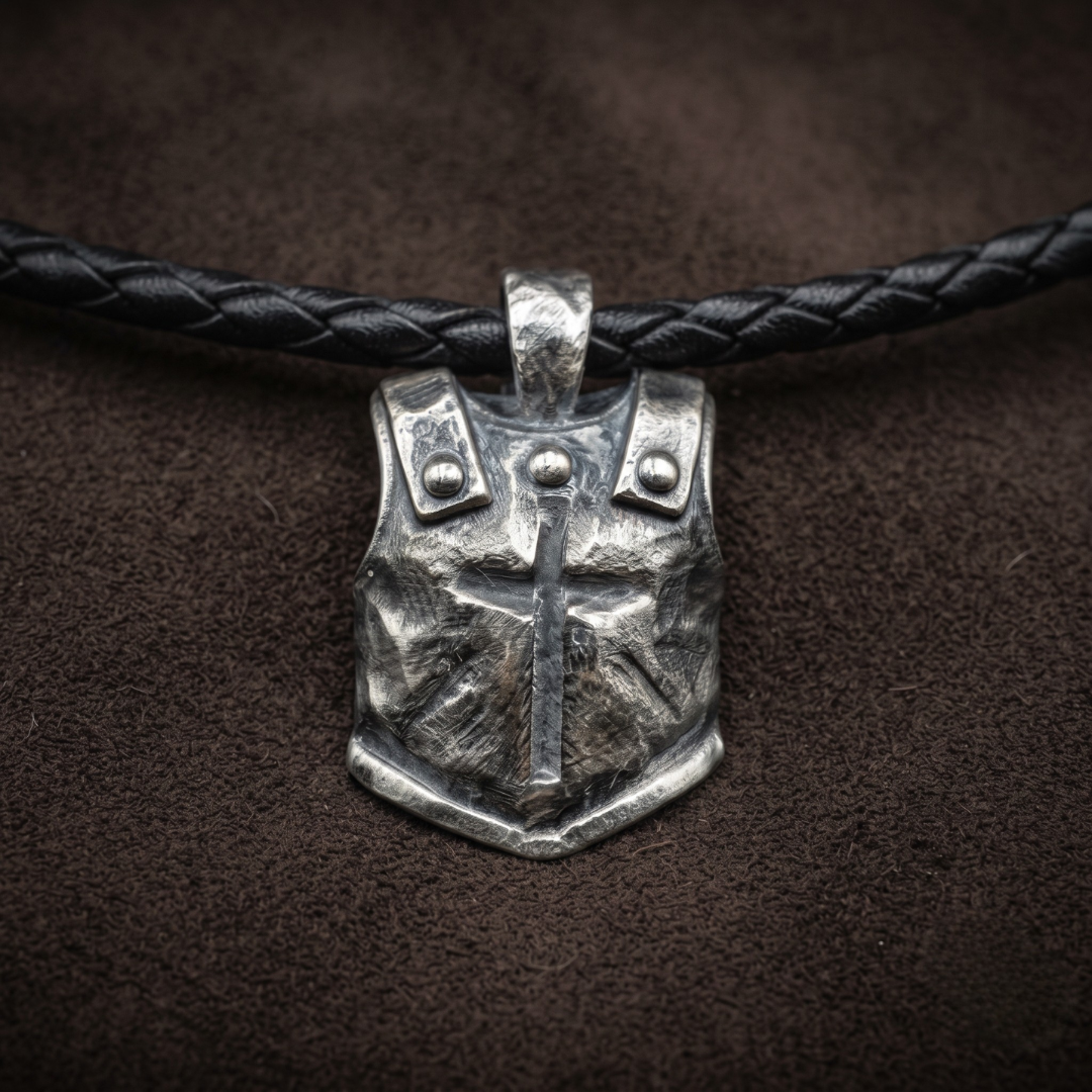 The Breastplate — hand-poured breastplate pendant with cross and three rivets in oxidized .999 fine silver on a black braided leather cord