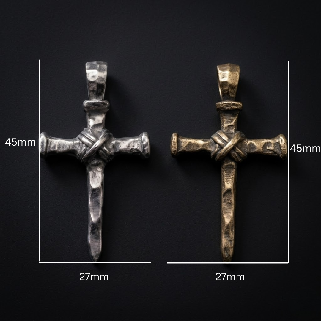 Three Nails pendant shown with measurements, hand poured in Vermont in .999 fine silver or bronze