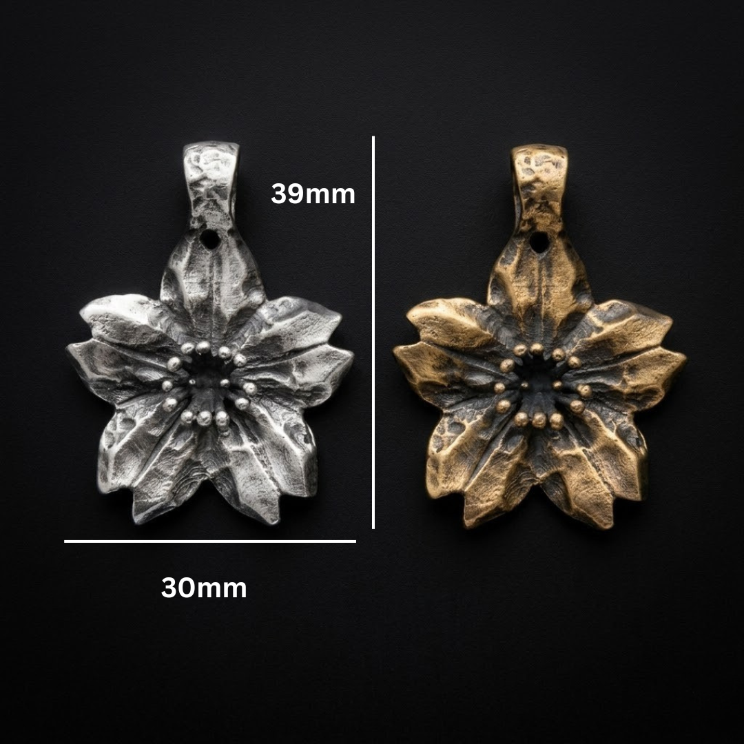 Sakura pendant shown with measurements — 38mm tall by 29mm wide, hand poured in Vermont