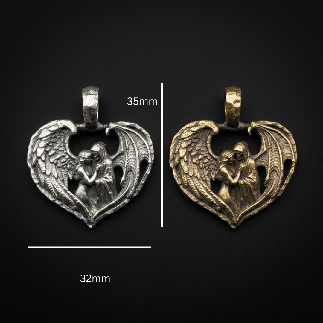 Held pendant shown with measurements — 38mm tall including the bail, hand poured in Vermont