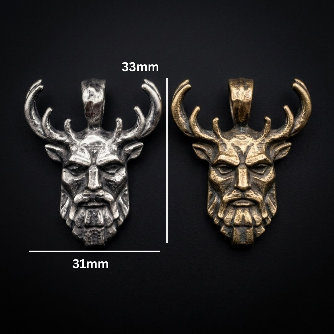 Herne horned god pendant shown with measurements, hand poured in Vermont in .999 fine silver or bronze