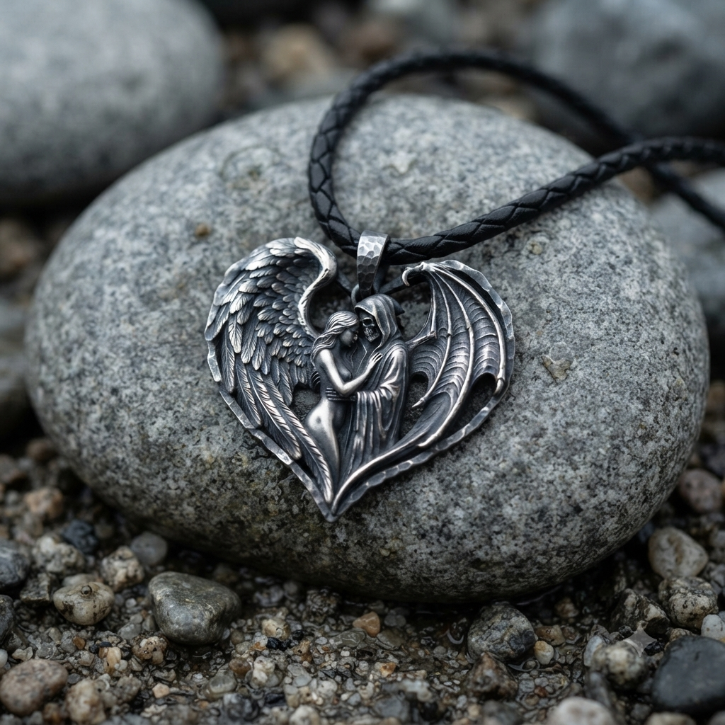 Held .999 fine silver pendant, an angel wing and a demon wing forming a heart around two figures, on a black braided leather cord resting on a grey river stone