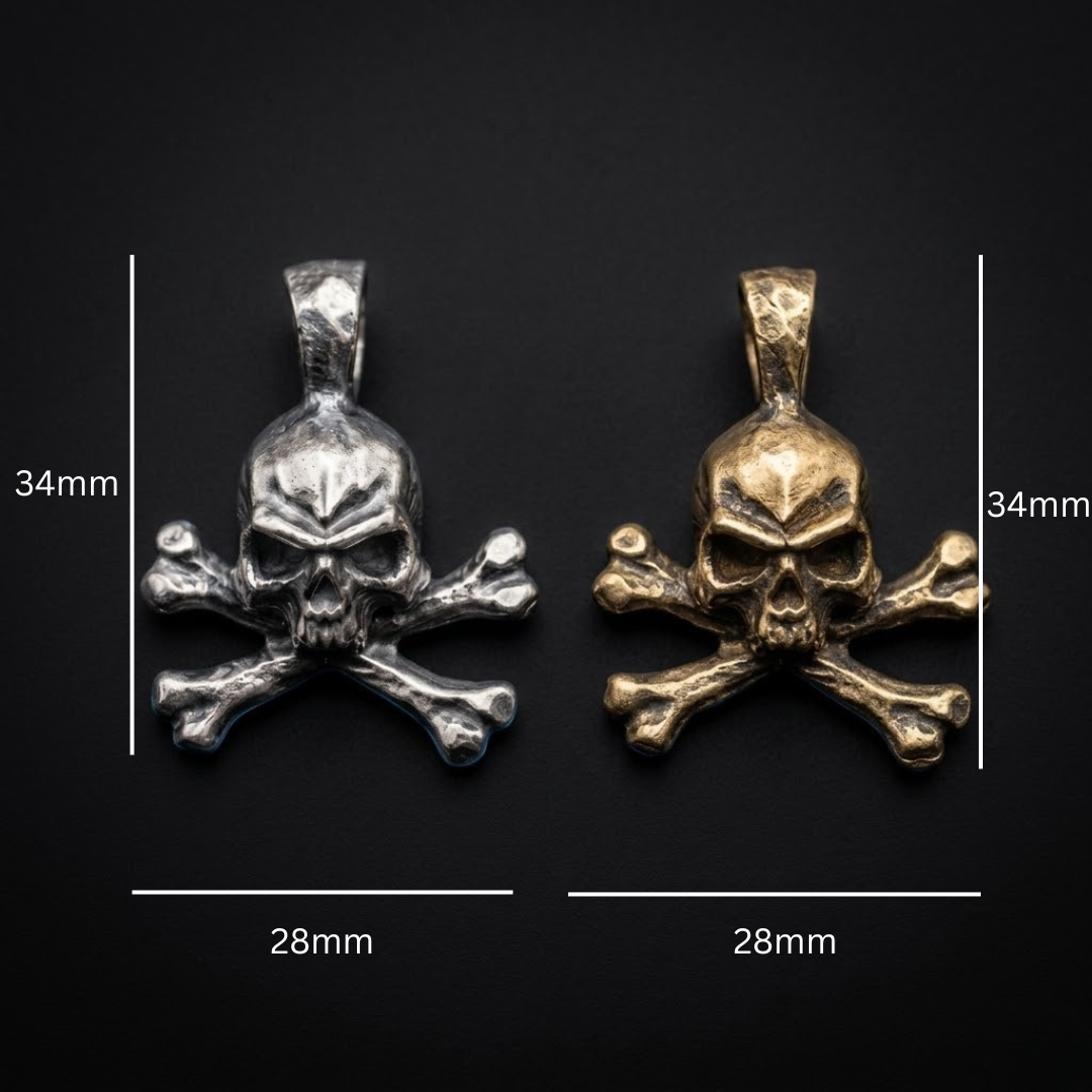 No Master skull and crossbones pendant shown with measurements, hand poured in Vermont in .999 fine silver or bronze