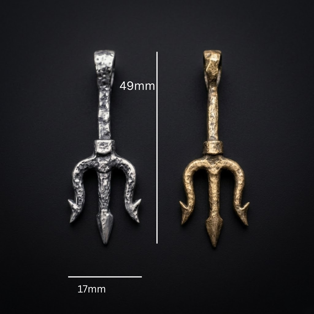 The Deep trident pendant shown with measurements, hand poured in Vermont in .999 fine silver or bronze