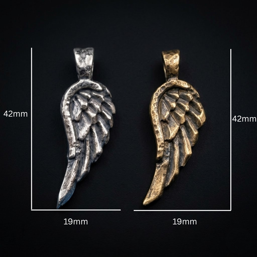 The Covering angel wing pendant shown with measurements, hand poured in Vermont in .999 fine silver or bronze