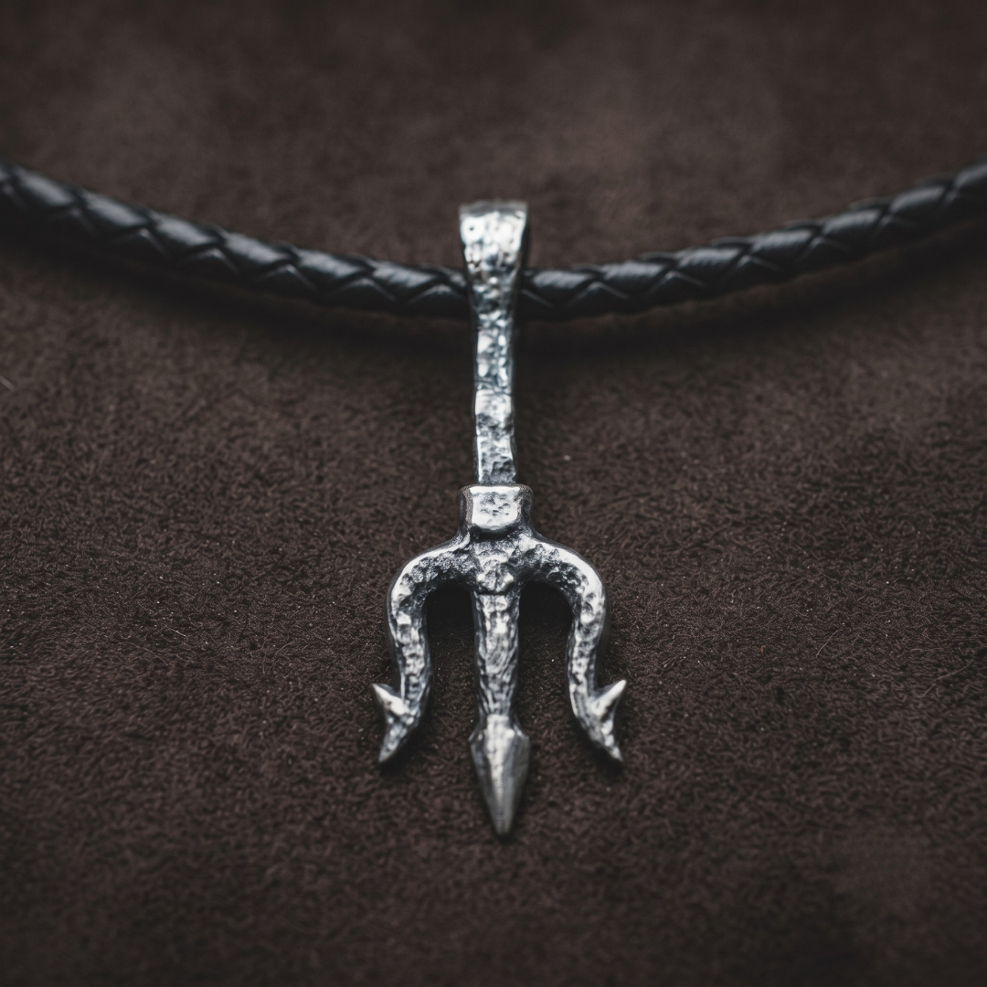 The Deep — hand-poured trident pendant in oxidized .999 fine silver on a black braided leather cord