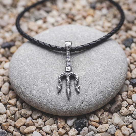 The Deep necklace in .999 fine silver — a trident with barbed outer tines and a hammered shaft, on a black braided leather cord