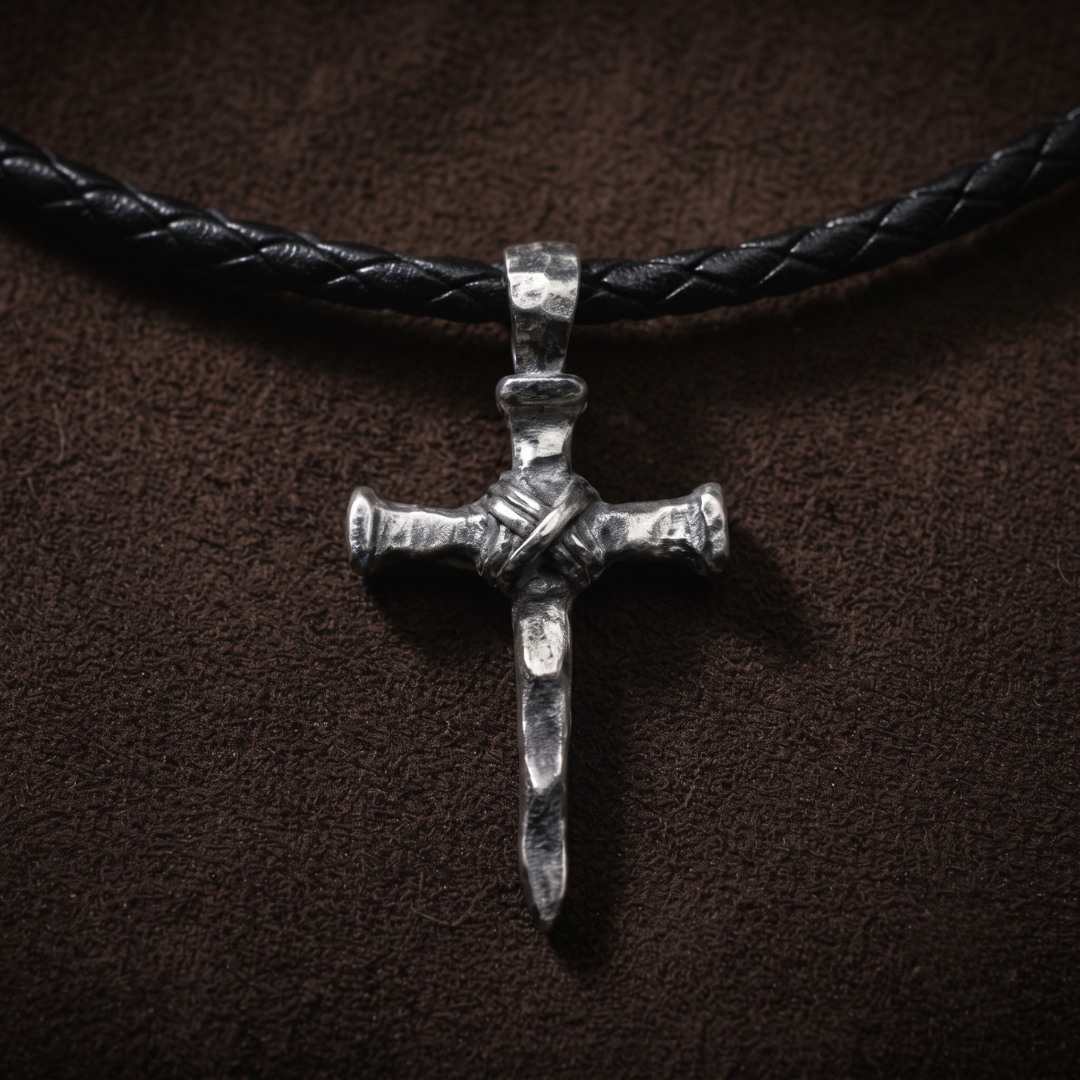 Three Nails — hand-poured nail cross pendant in oxidized .999 fine silver on a black braided leather cord