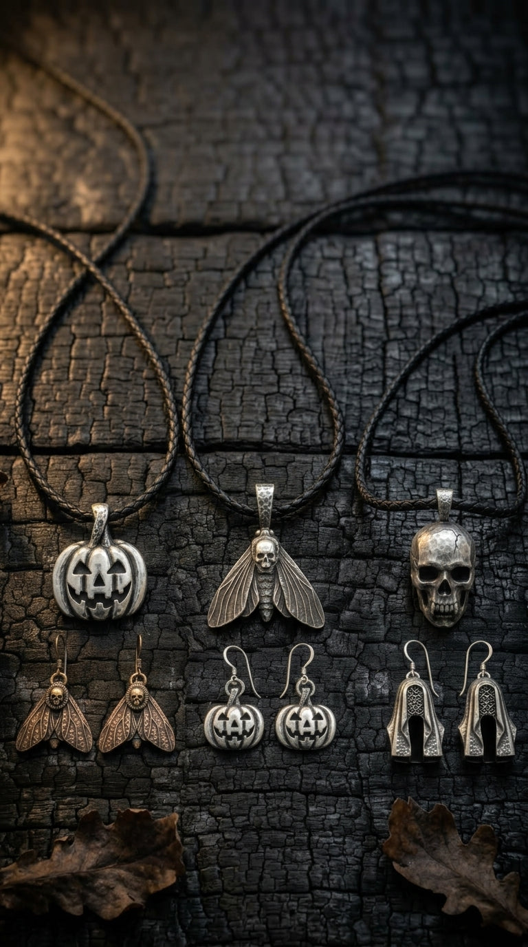Hand-poured Halloween pendants and earrings on charred wood with dry oak leaves