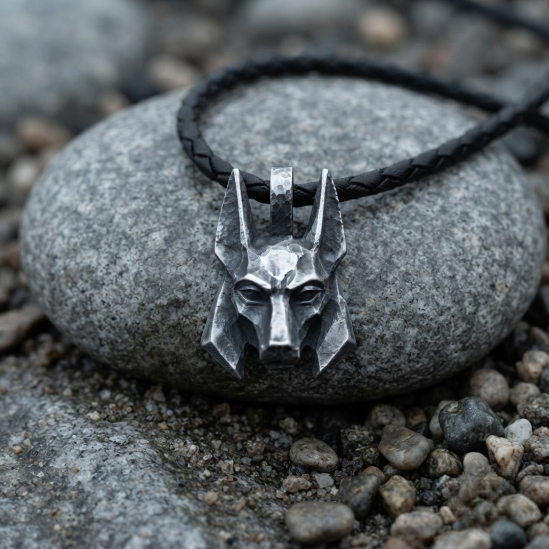 Anubis .999 fine silver pendant, a faceted jackal head with upright ears, on a black braided leather cord resting on a grey river stone