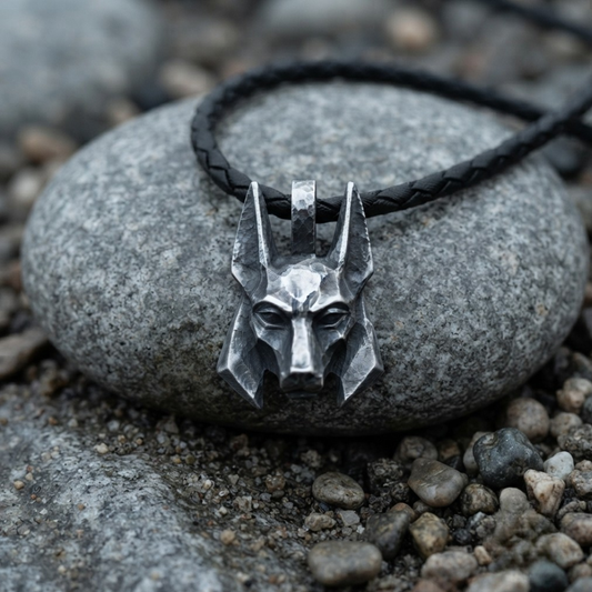Anubis necklace in .999 fine silver — a faceted jackal head with upright ears on a black braided leather cord